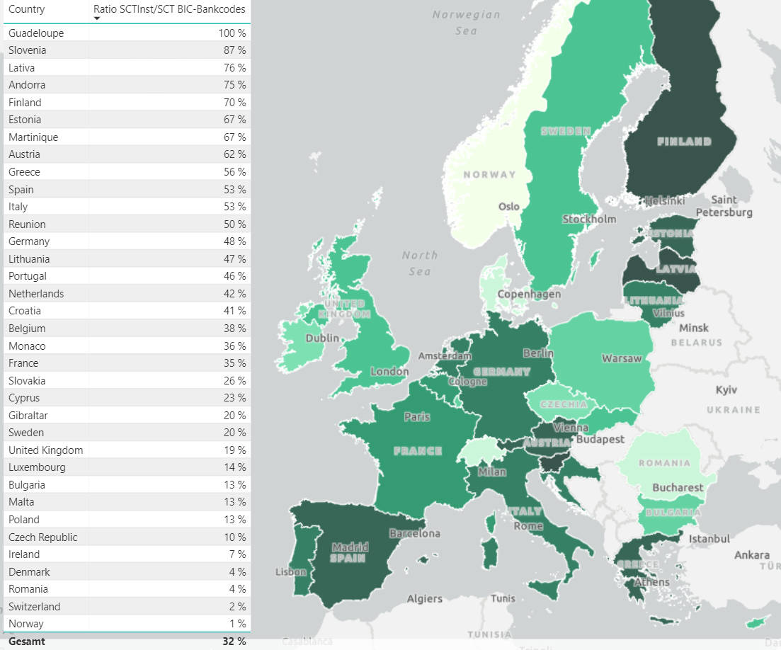 Progress SEPA Instant Payments: Ratio of the number of SCT Instant participants to SCT (counted by unique BIC bank codes) per SEPA country in October 2024